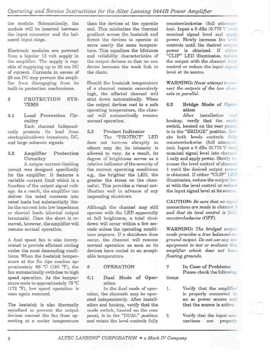 Protection, Tems, Load protection circuitry | 2 amplifier protection, Circuitry, 3 protect indicator, Operation, Dual mode of op>er- ation, 2 bridge mode of op, Ation | Altec Lansing 9444B User Manual | Page 8 / 12