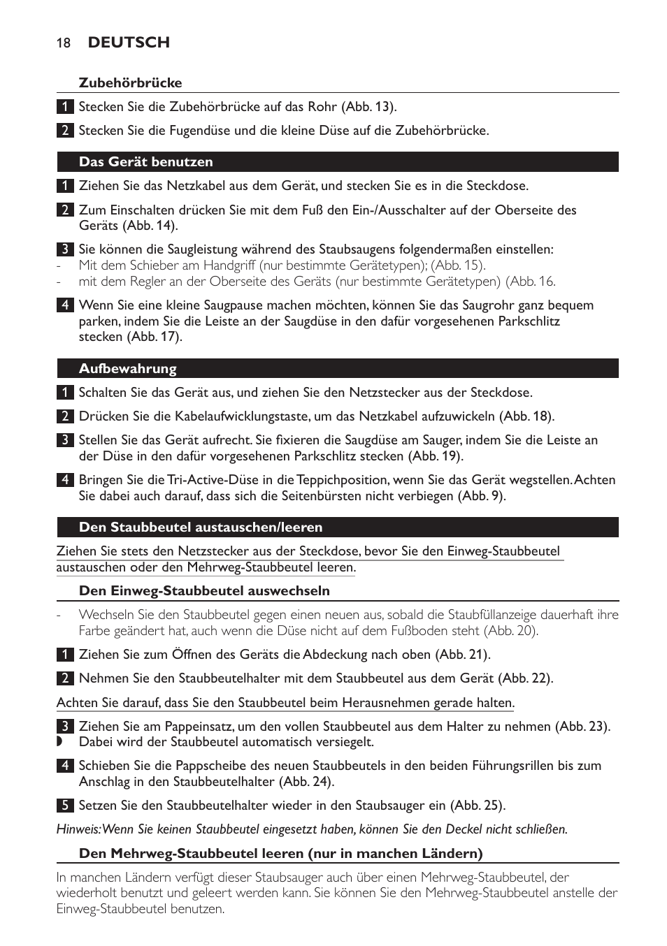 Zubehörbrücke, Das gerät benutzen, Aufbewahrung | Den staubbeutel austauschen/leeren, Den einweg-staubbeutel auswechseln | Philips Aspirador con bolsa User Manual | Page 18 / 76