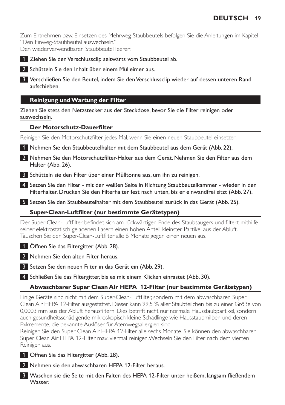 Reinigung und wartung der filter, Der motorschutz-dauerfilter, Super-clean-luftfilter (nur bestimmte gerätetypen) | Philips Aspirador con bolsa User Manual | Page 19 / 76