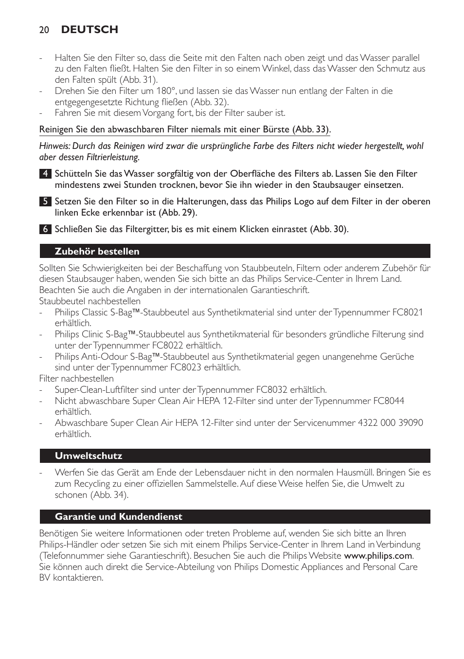 Zubehör bestellen, Umweltschutz, Garantie und kundendienst | Philips Aspirador con bolsa User Manual | Page 20 / 76