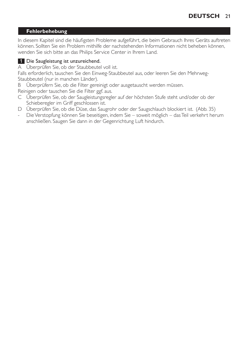 Fehlerbehebung | Philips Aspirador con bolsa User Manual | Page 21 / 76