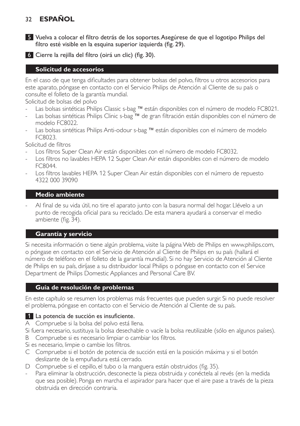 Solicitud de accesorios, Medio ambiente, Garantía y servicio | Guía de resolución de problemas | Philips Aspirador con bolsa User Manual | Page 32 / 76