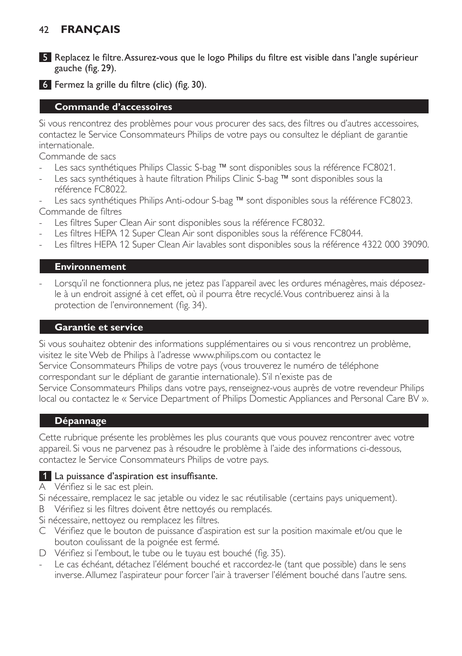 Commande d’accessoires, Environnement, Garantie et service | Dépannage | Philips Aspirador con bolsa User Manual | Page 42 / 76