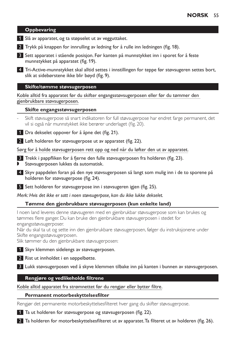 Oppbevaring, Skifte/tømme støvsugerposen, Skifte engangsstøvsugerposen | Rengjøre og vedlikeholde filtrene, Permanent motorbeskyttelsesfilter | Philips Aspirador con bolsa User Manual | Page 55 / 76