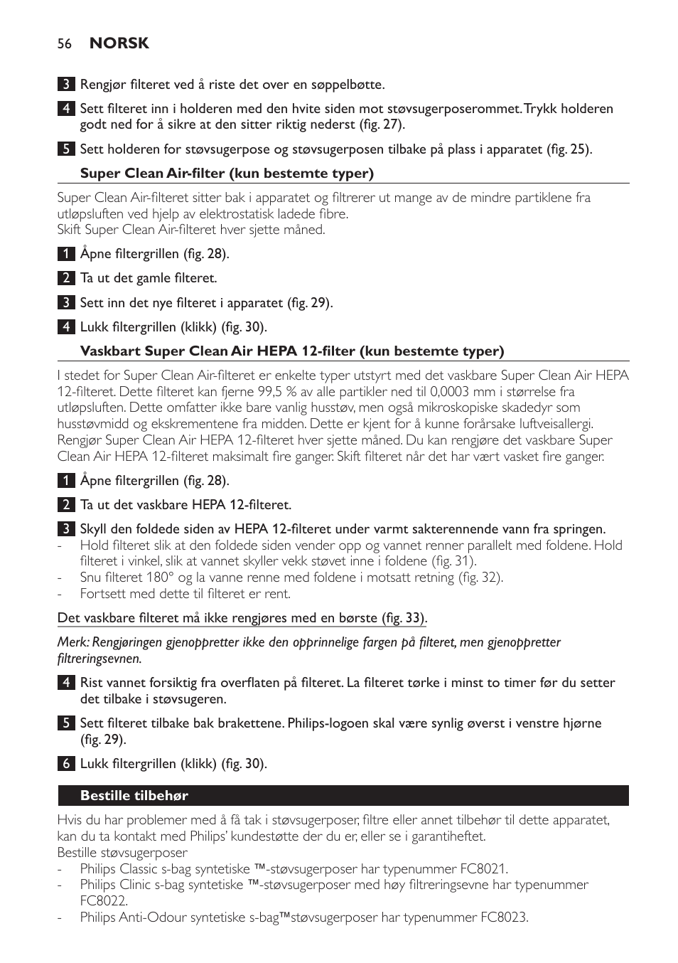 Super clean air-filter (kun bestemte typer), Bestille tilbehør | Philips Aspirador con bolsa User Manual | Page 56 / 76