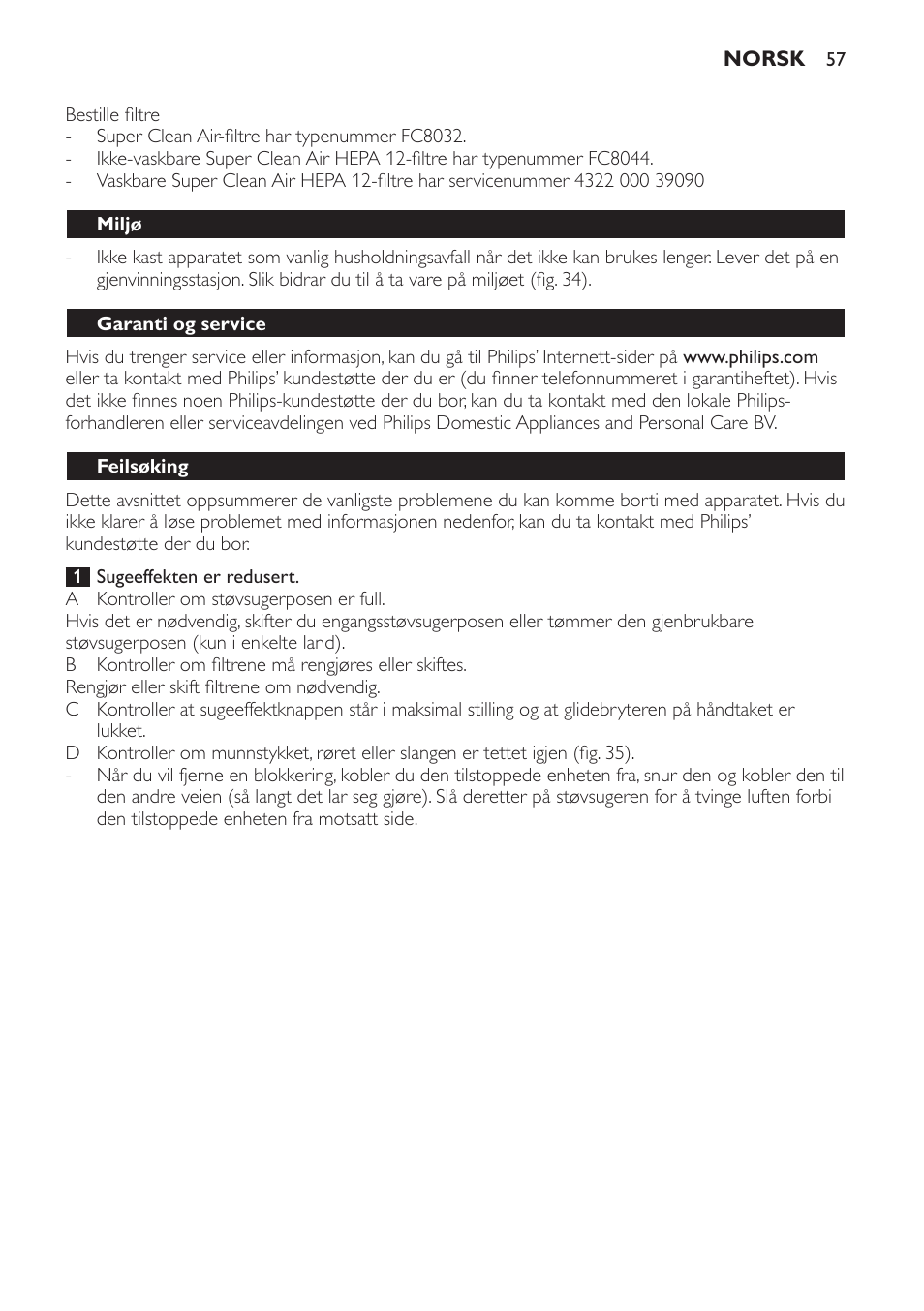 Miljø, Garanti og service, Feilsøking | Philips Aspirador con bolsa User Manual | Page 57 / 76