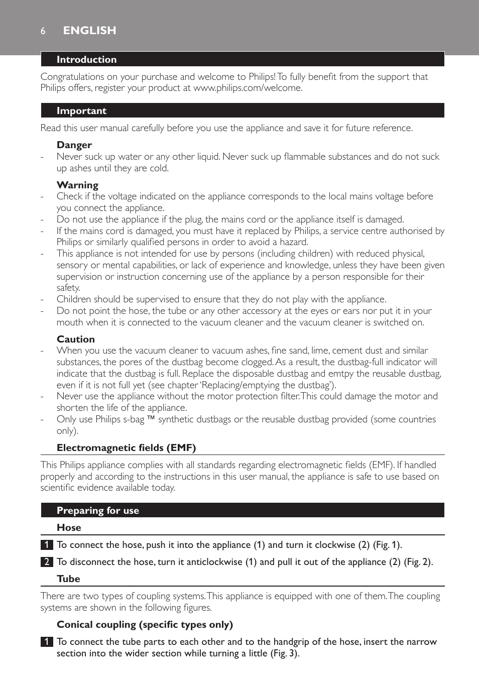 English, Introduction, Important | Danger, Warning, Caution, Electromagnetic fields (emf), Preparing for use, Hose, Tube | Philips Aspirador con bolsa User Manual | Page 6 / 76