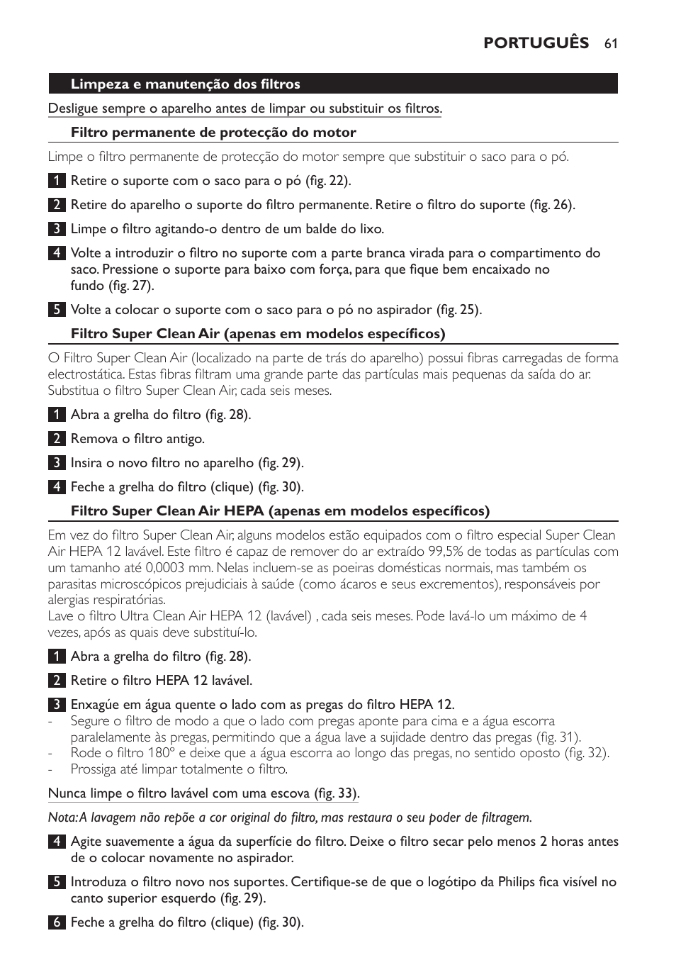 Filtro permanente de protecção do motor | Philips Aspirador con bolsa User Manual | Page 61 / 76