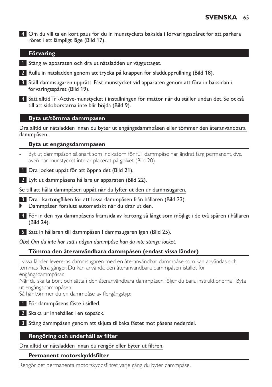 Förvaring, Byta ut/tömma dammpåsen, Byta ut engångsdammpåsen | Rengöring och underhåll av filter, Permanent motorskyddsfilter | Philips Aspirador con bolsa User Manual | Page 65 / 76