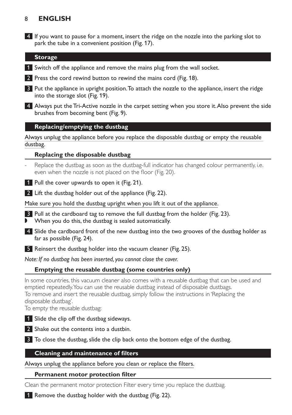 Storage, Replacing/emptying the dustbag, Replacing the disposable dustbag | Cleaning and maintenance of filters, Permanent motor protection filter | Philips Aspirador con bolsa User Manual | Page 8 / 76