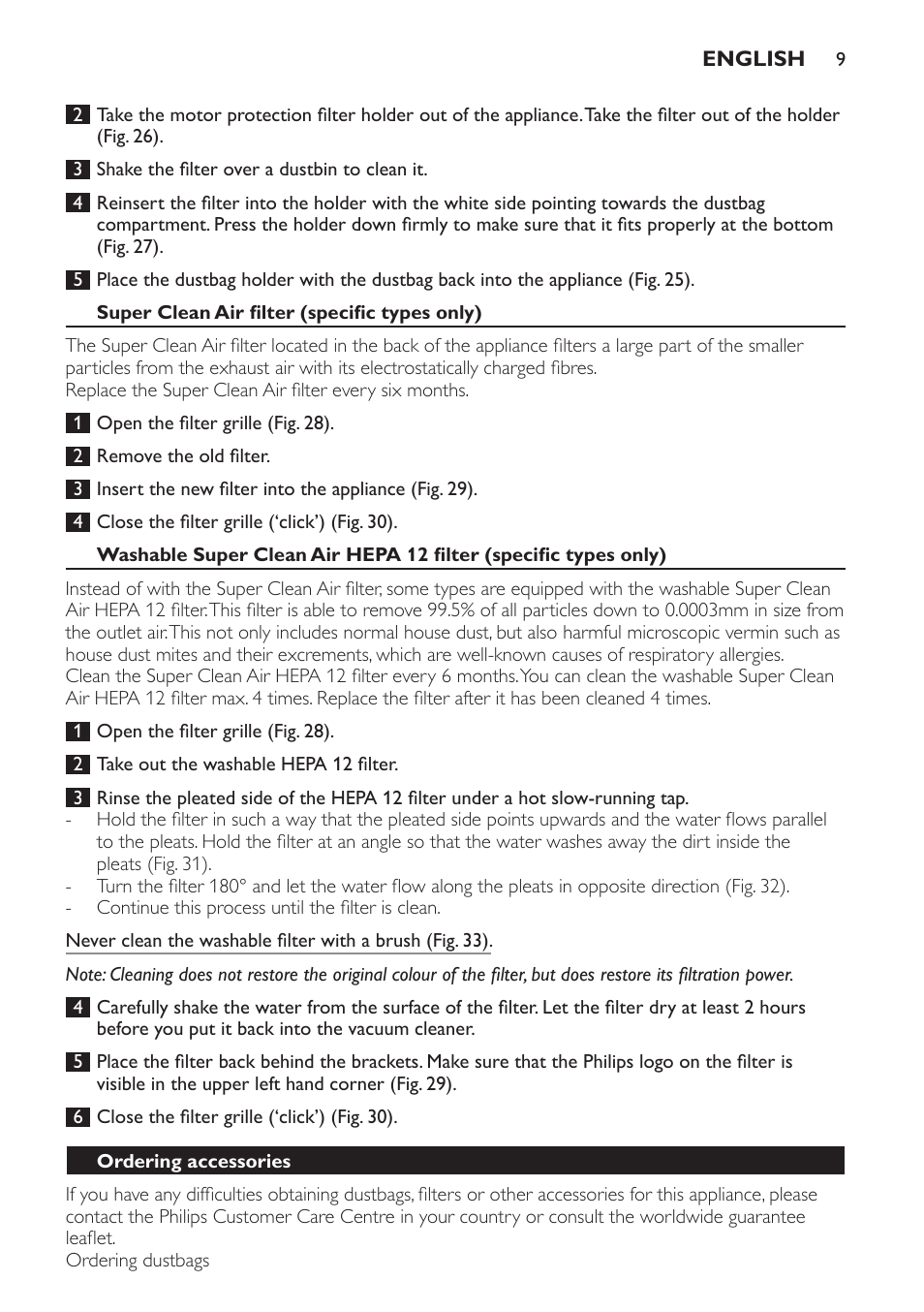 Super clean air filter (specific types only), Ordering accessories | Philips Aspirador con bolsa User Manual | Page 9 / 76