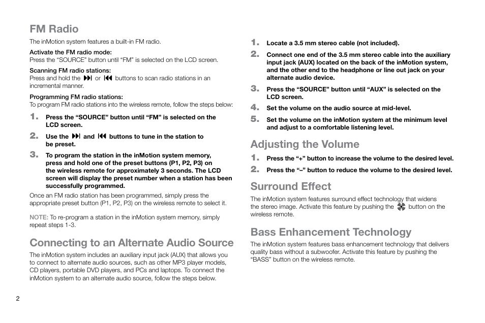 Fm radio, Connecting to an alternate audio source, Adjusting the volume | Surround effect, Bass enhancement technology | Altec Lansing inMotion IM414V2 User Manual | Page 4 / 8