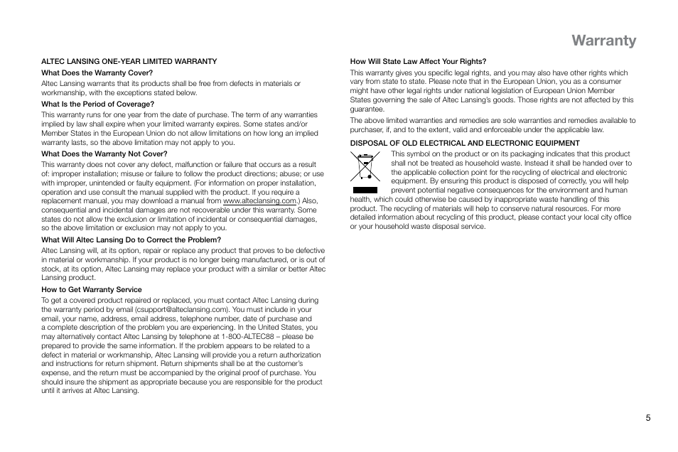 Warranty | Altec Lansing inMotion IM414V2 User Manual | Page 7 / 8