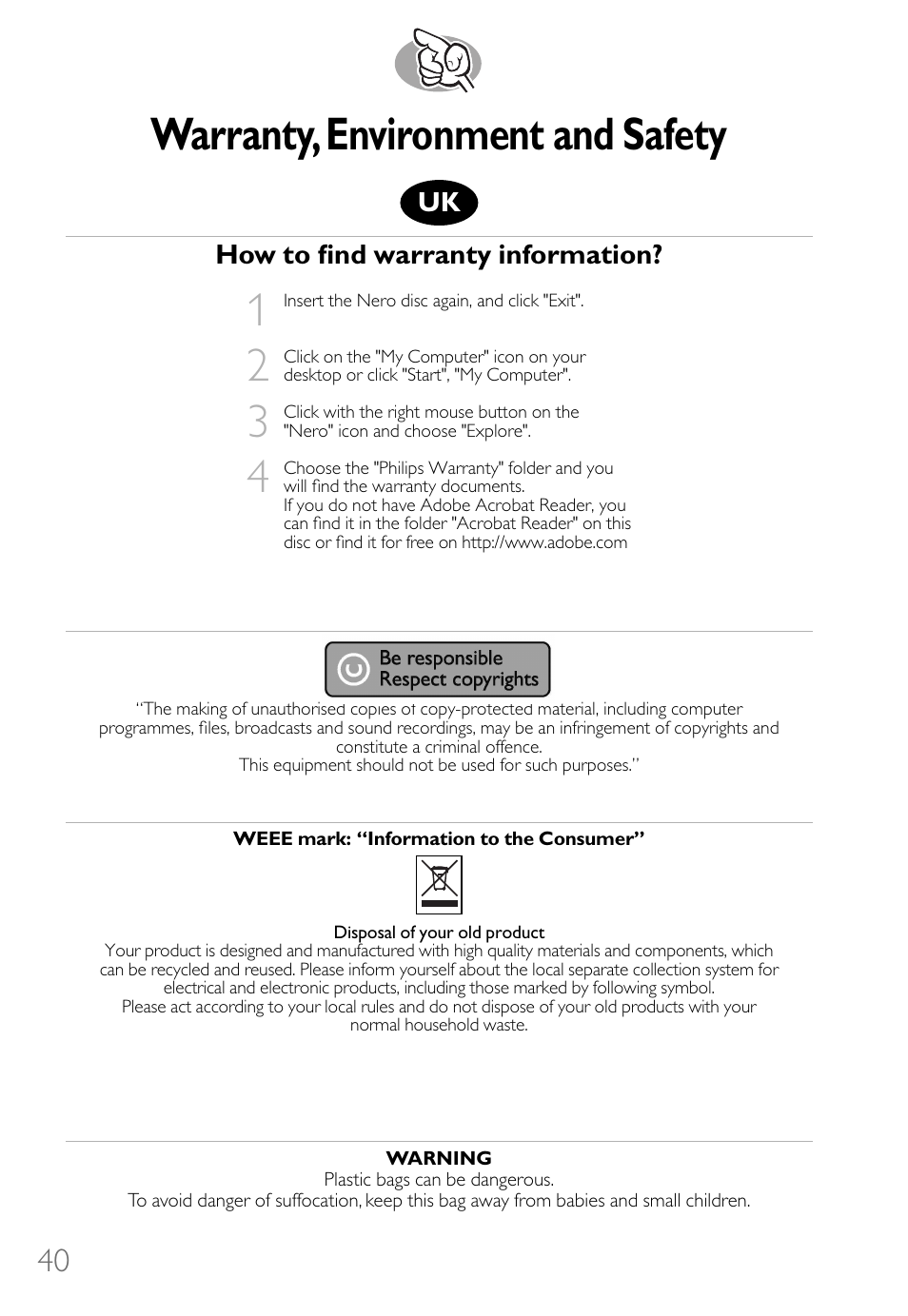 Warranty,environment and safety | Philips How to for Internal ReWriters using Nero 6 User Manual | Page 40 / 88
