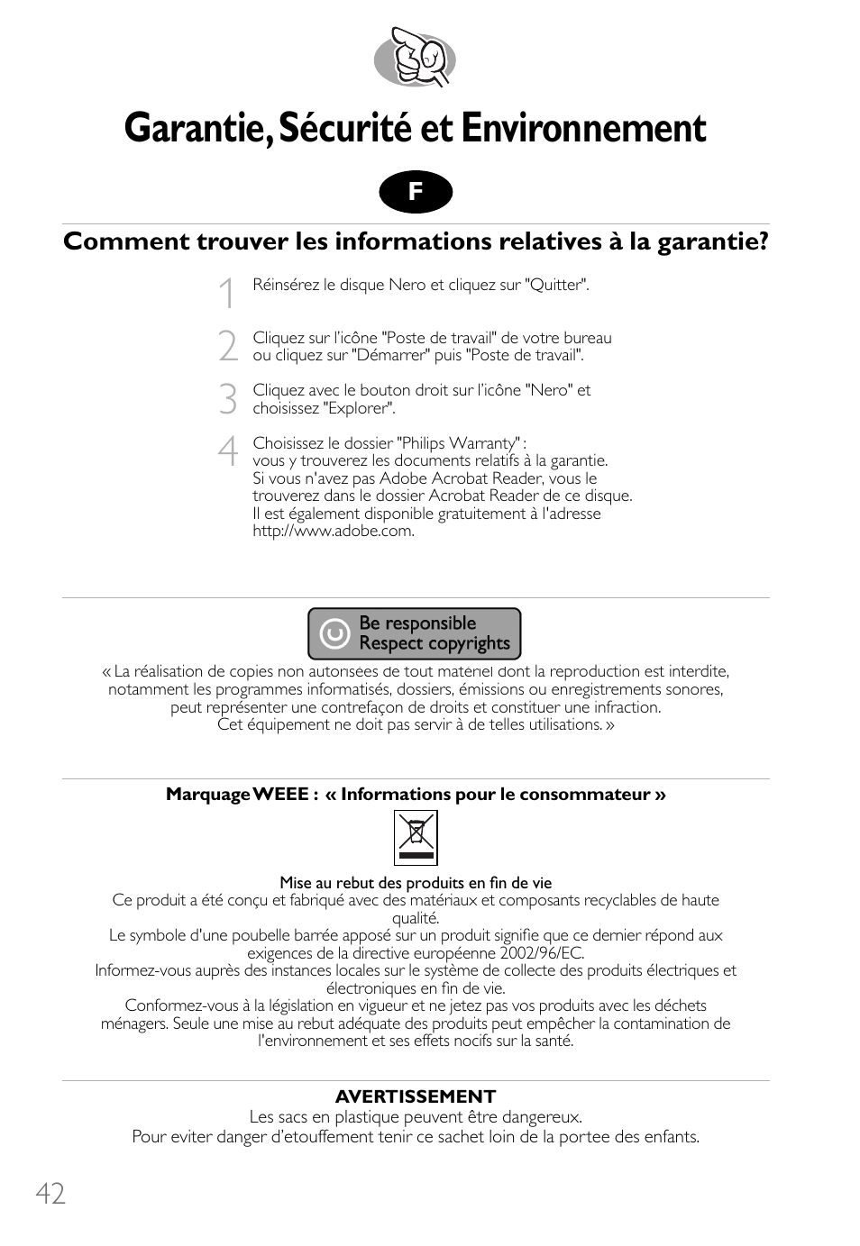 Garantie,sécurité et environnement | Philips How to for Internal ReWriters using Nero 6 User Manual | Page 42 / 88