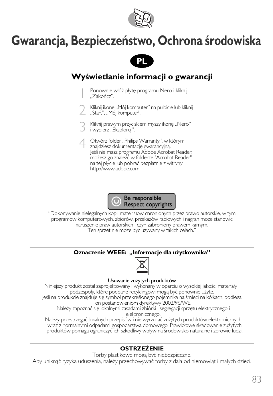 Gwarancja, bezpieczeństwo, ochrona środowiska, Wyświetlanie informacji o gwarancji | Philips How to for Internal ReWriters using Nero 6 User Manual | Page 83 / 88