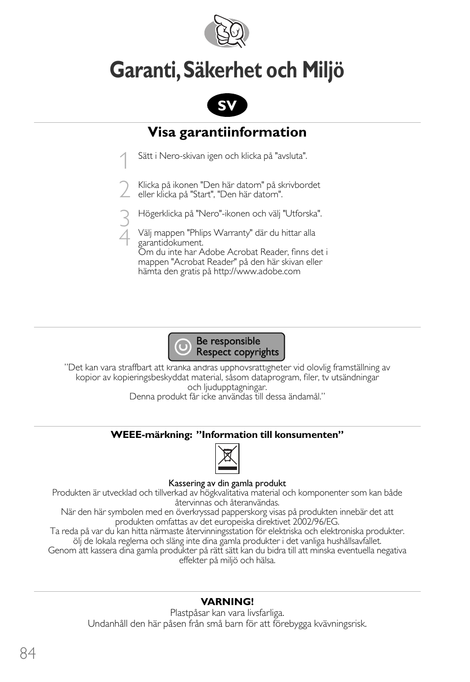 Garanti,säkerhet och miljö, Visa garantiinformation | Philips How to for Internal ReWriters using Nero 6 User Manual | Page 84 / 88