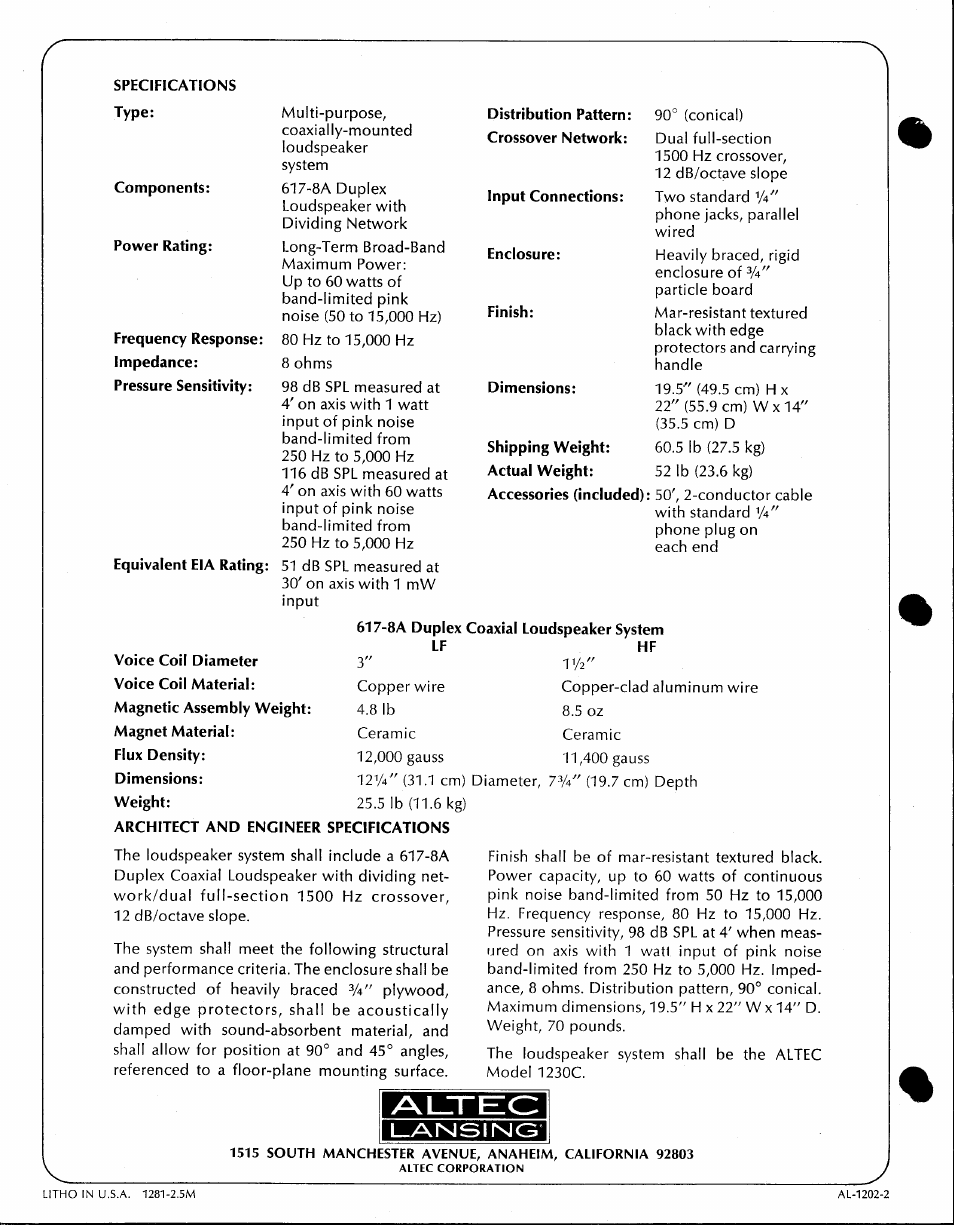 Specifications, Components: power rating, Frequency response: impedance | Equivalent eia rating, Distribution pattern: crossover network, Input connections, Enclosure, Finish, 8a duplex coaxial loudspeaker system lf hf, Alzteic | Altec Lansing 1230C User Manual | Page 2 / 2