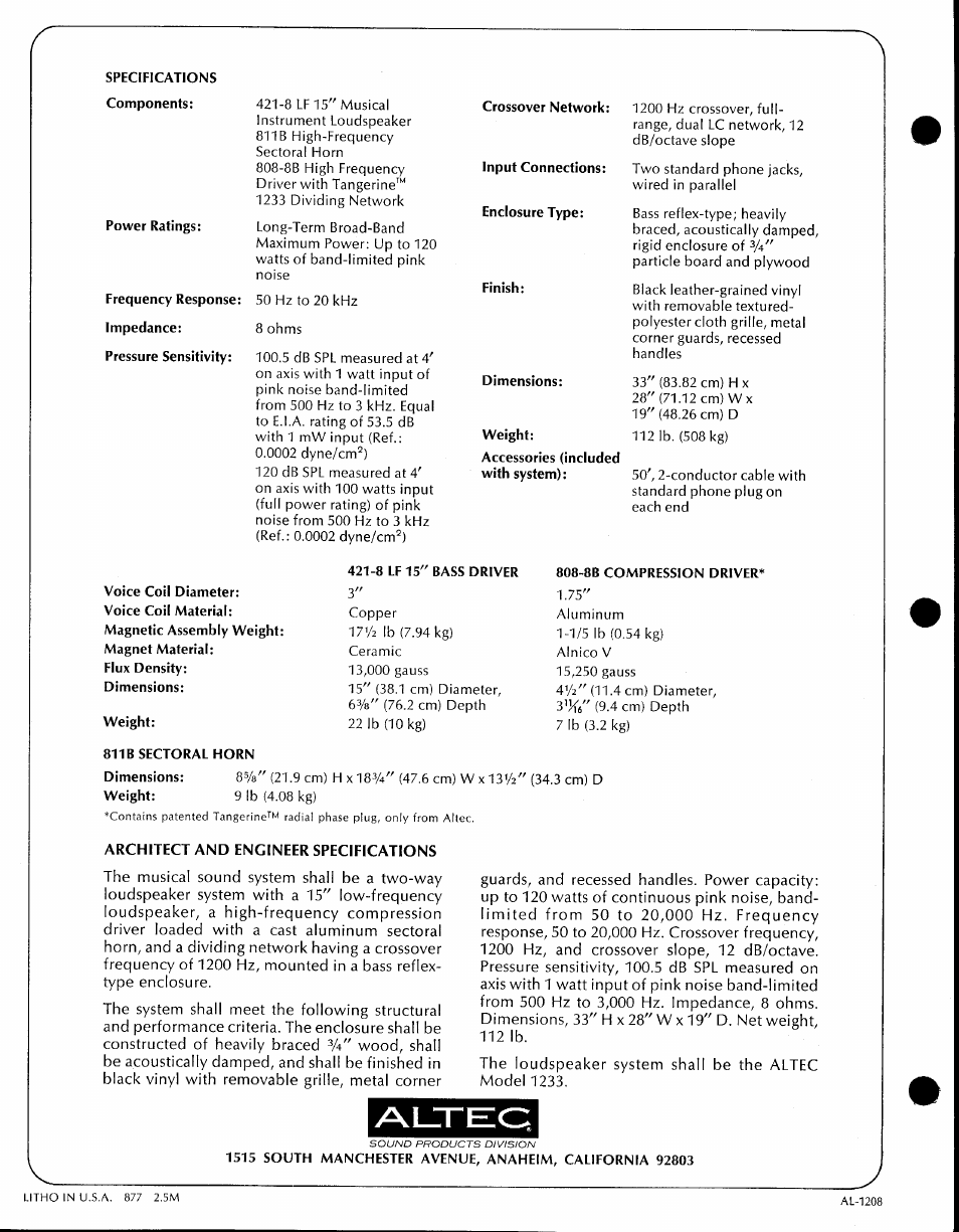 Architect and engineer specifications | Altec Lansing 1233 User Manual | Page 2 / 2