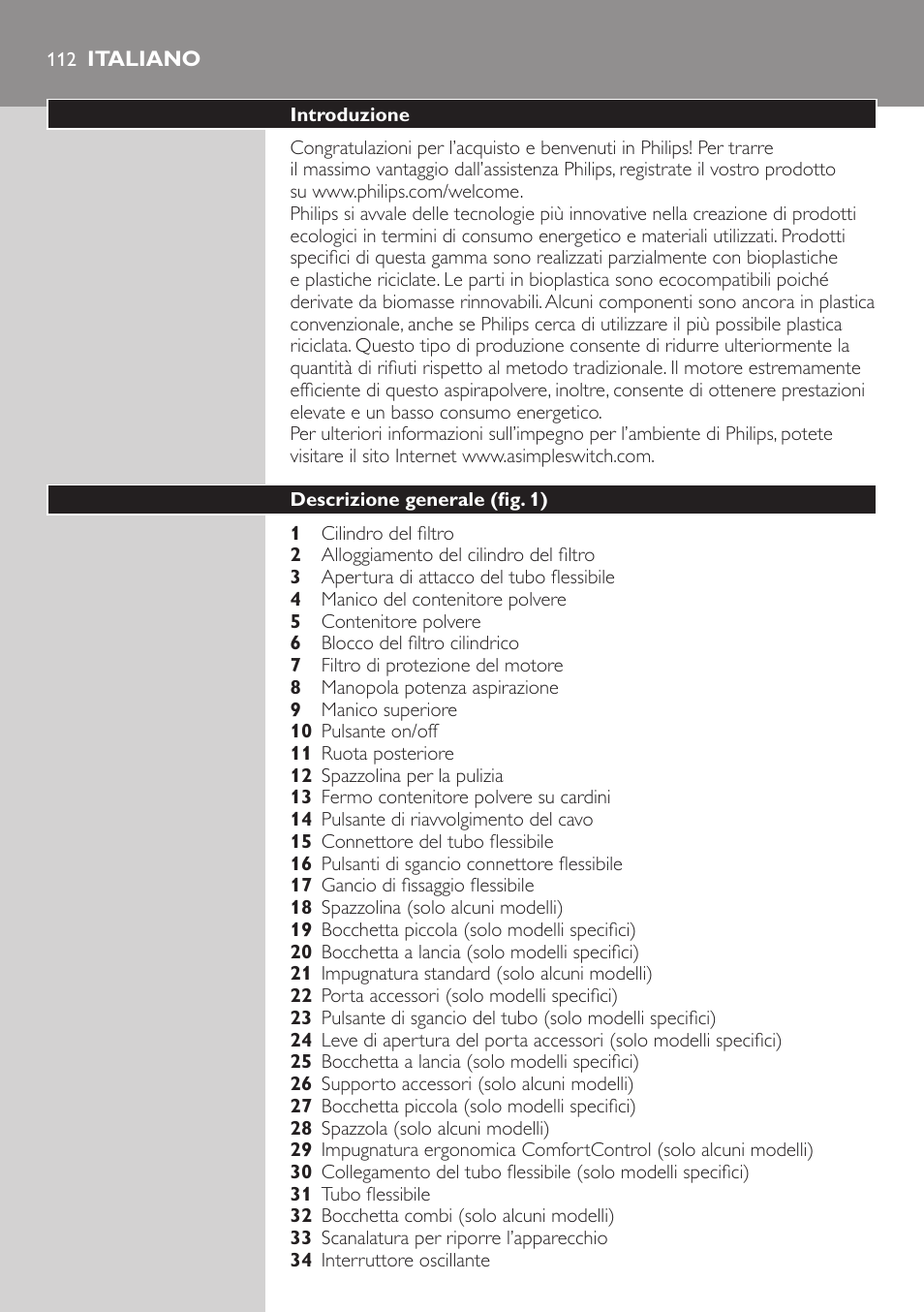 Italiano, Italiano 112 | Philips EasyClean Aspirador sin bolsa User Manual | Page 112 / 230