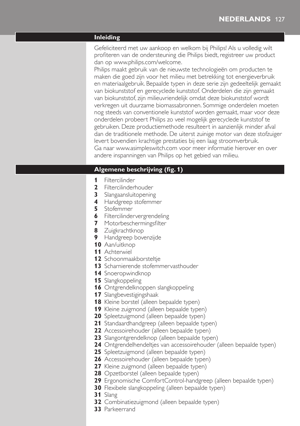 Nederlands, Nederlands 127 | Philips EasyClean Aspirador sin bolsa User Manual | Page 127 / 230