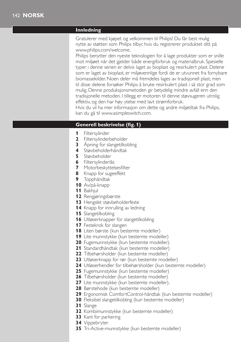 Norsk, Norsk 142 | Philips EasyClean Aspirador sin bolsa User Manual | Page 142 / 230