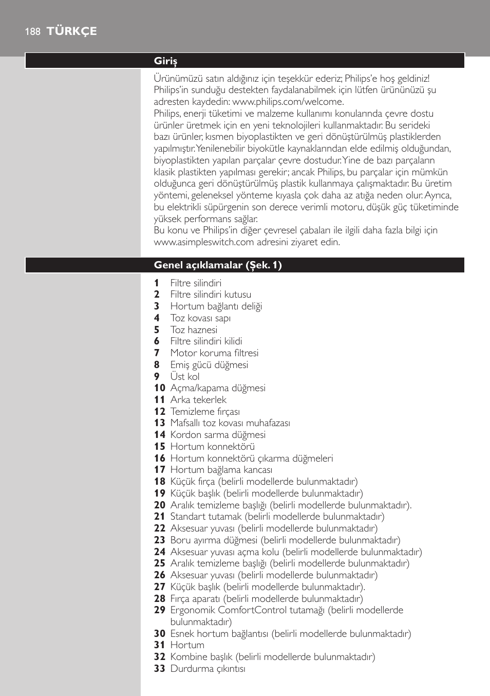 Türkçe, Türkçe 188 | Philips EasyClean Aspirador sin bolsa User Manual | Page 188 / 230