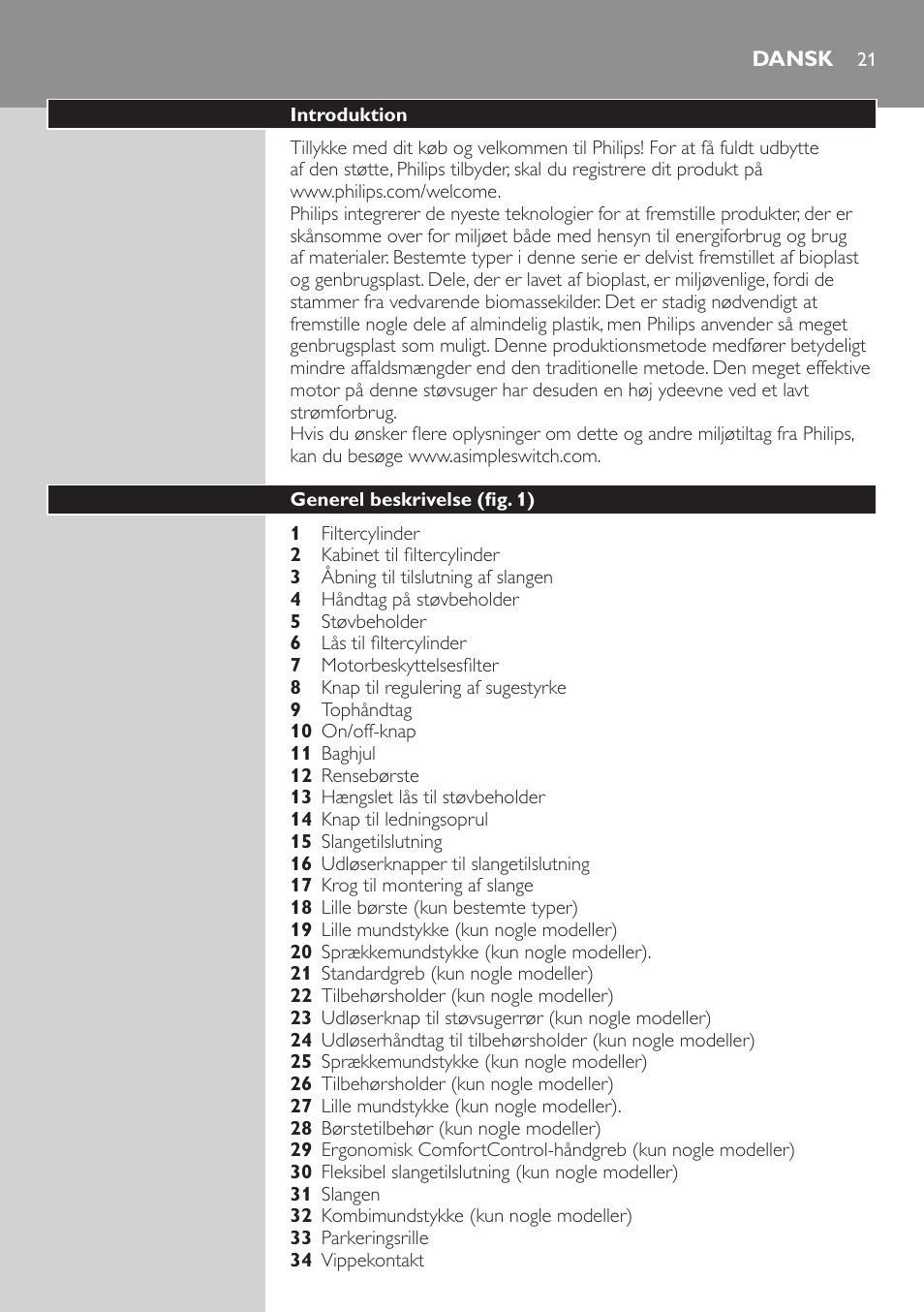 Dansk, Dansk 21 | Philips EasyClean Aspirador sin bolsa User Manual | Page 21 / 230