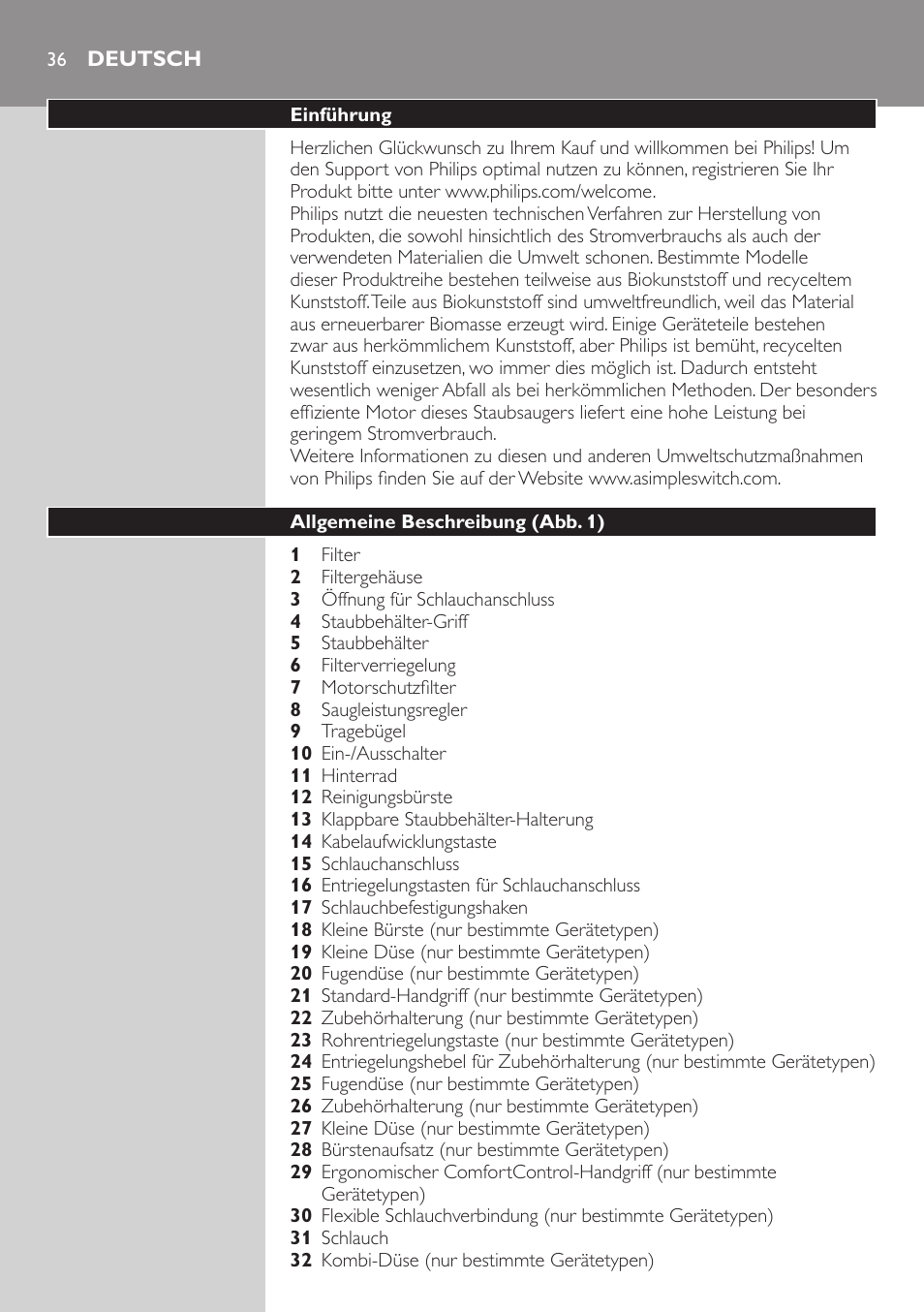 Deutsch, Deutsch 36 | Philips EasyClean Aspirador sin bolsa User Manual | Page 36 / 230