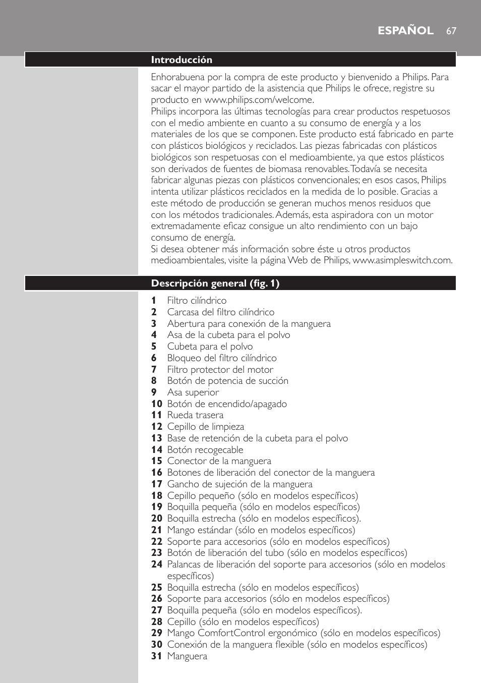 Español, Español 67 | Philips EasyClean Aspirador sin bolsa User Manual | Page 67 / 230