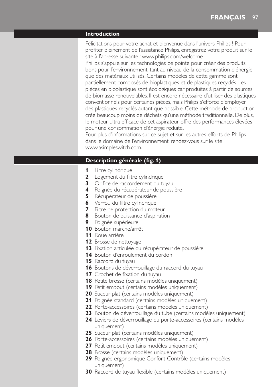 Français, Français 97 | Philips EasyClean Aspirador sin bolsa User Manual | Page 97 / 230