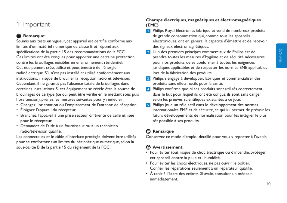 Cliquez ici, 1 important | Philips FMXXFD00B/00 User Manual | Page 10 / 98