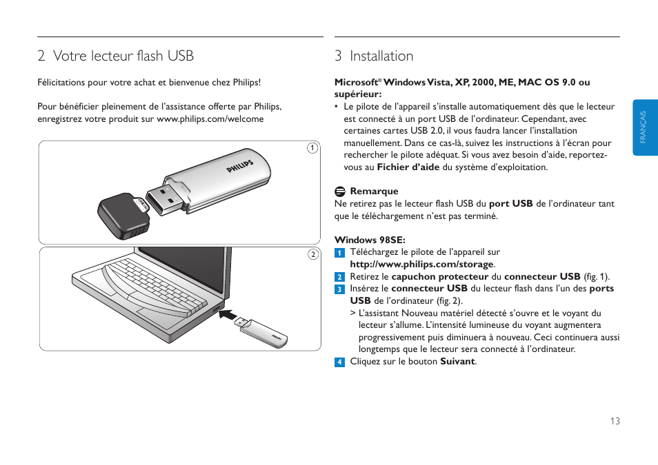 2 votre lecteur flash usb, 3 installation | Philips FMXXFD00B/00 User Manual | Page 13 / 98