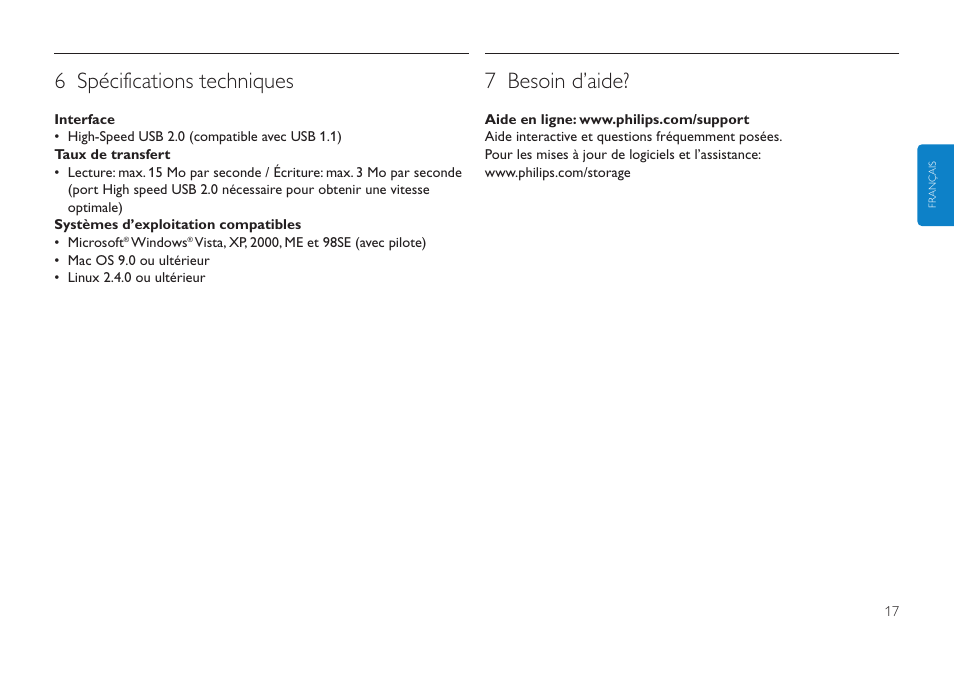6 spécifications techniques, 7 besoin d’aide | Philips FMXXFD00B/00 User Manual | Page 17 / 98