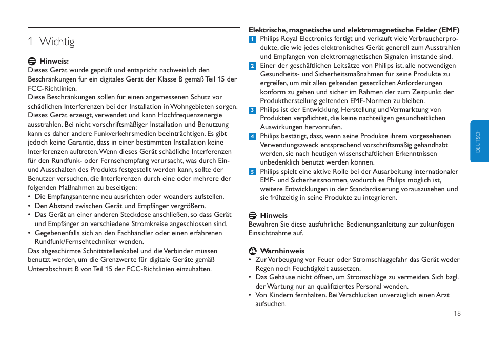 Hier klicken, 1 wichtig | Philips FMXXFD00B/00 User Manual | Page 18 / 98