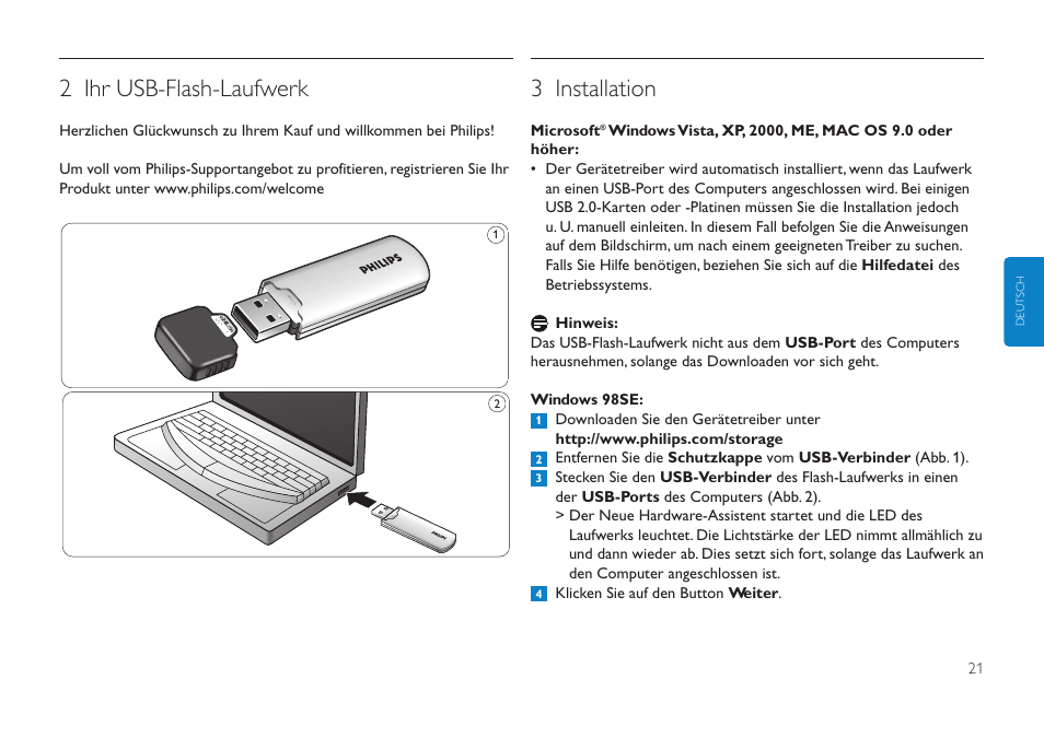2 ihr usb-flash-laufwerk, 3 installation | Philips FMXXFD00B/00 User Manual | Page 21 / 98