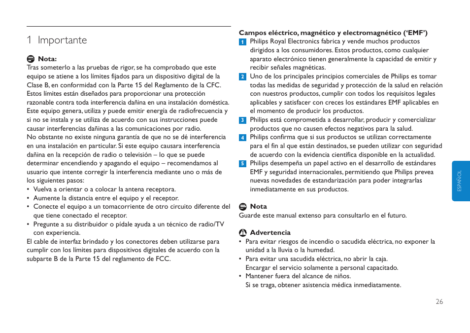 Haga clic aquí, 1 importante | Philips FMXXFD00B/00 User Manual | Page 26 / 98