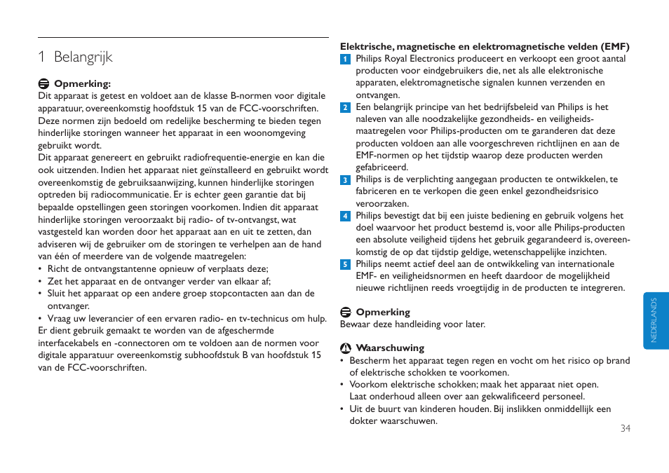Klik hier, 1 belangrijk | Philips FMXXFD00B/00 User Manual | Page 34 / 98