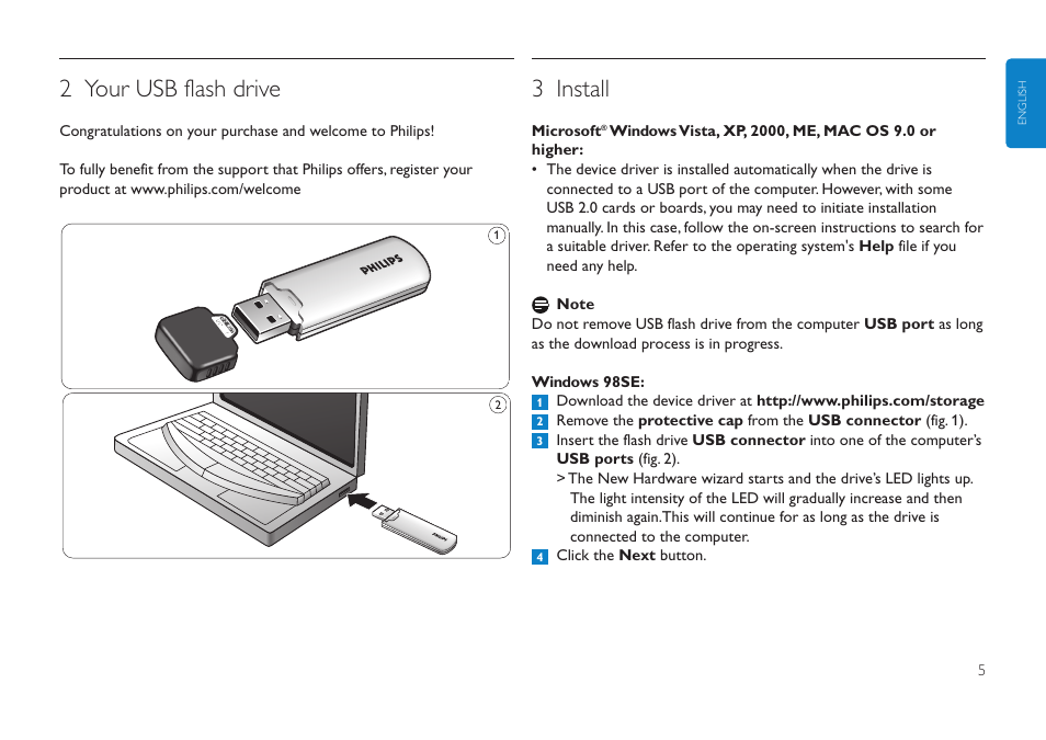 2 your usb flash drive, 3 install | Philips FMXXFD00B/00 User Manual | Page 5 / 98