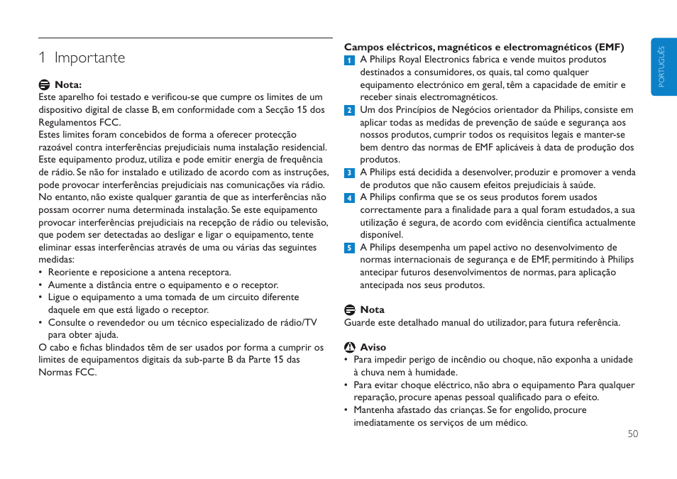 Clique aqui, 1 importante | Philips FMXXFD00B/00 User Manual | Page 50 / 98