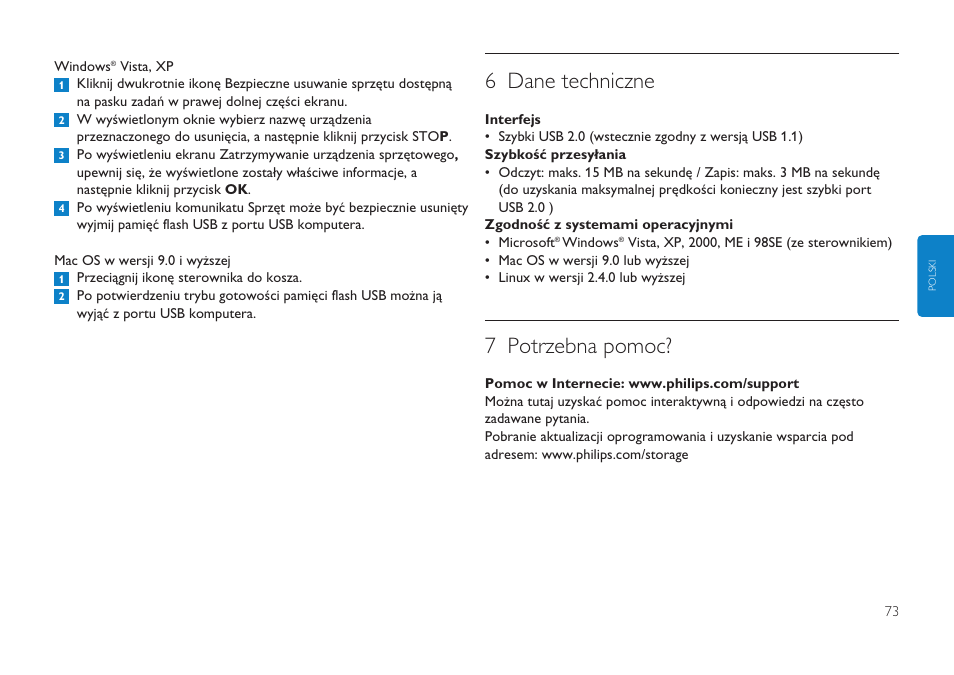 6 dane techniczne, 7 potrzebna pomoc | Philips FMXXFD00B/00 User Manual | Page 73 / 98