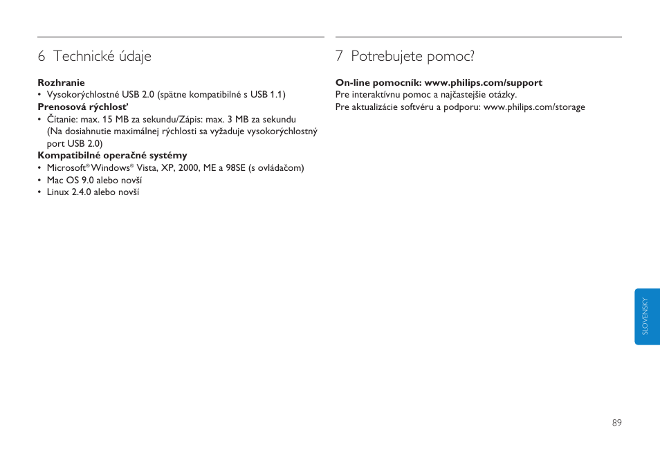6 technické údaje, 7 potrebujete pomoc | Philips FMXXFD00B/00 User Manual | Page 89 / 98