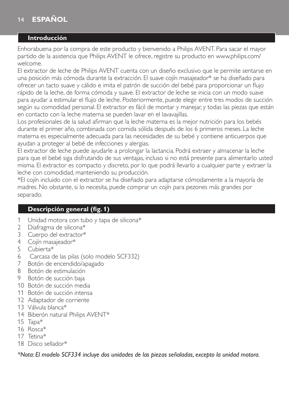 Español, Español 14 | Philips AVENT Extractor eléctrico sencillo Comfort User Manual | Page 14 / 122