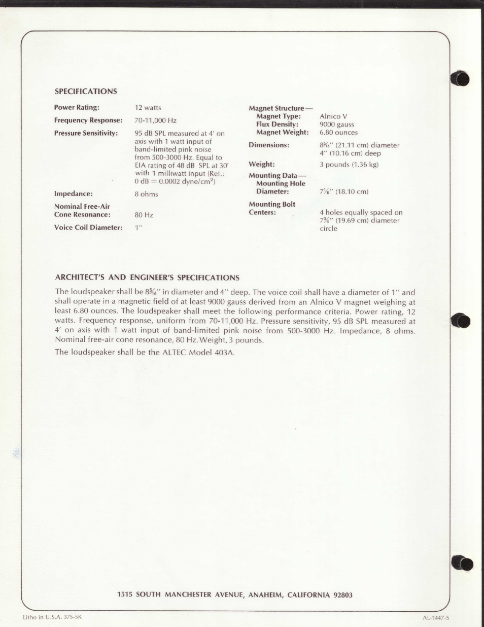 Specifications, Architect's and engineer's specifications | Altec Lansing 403A User Manual | Page 2 / 2