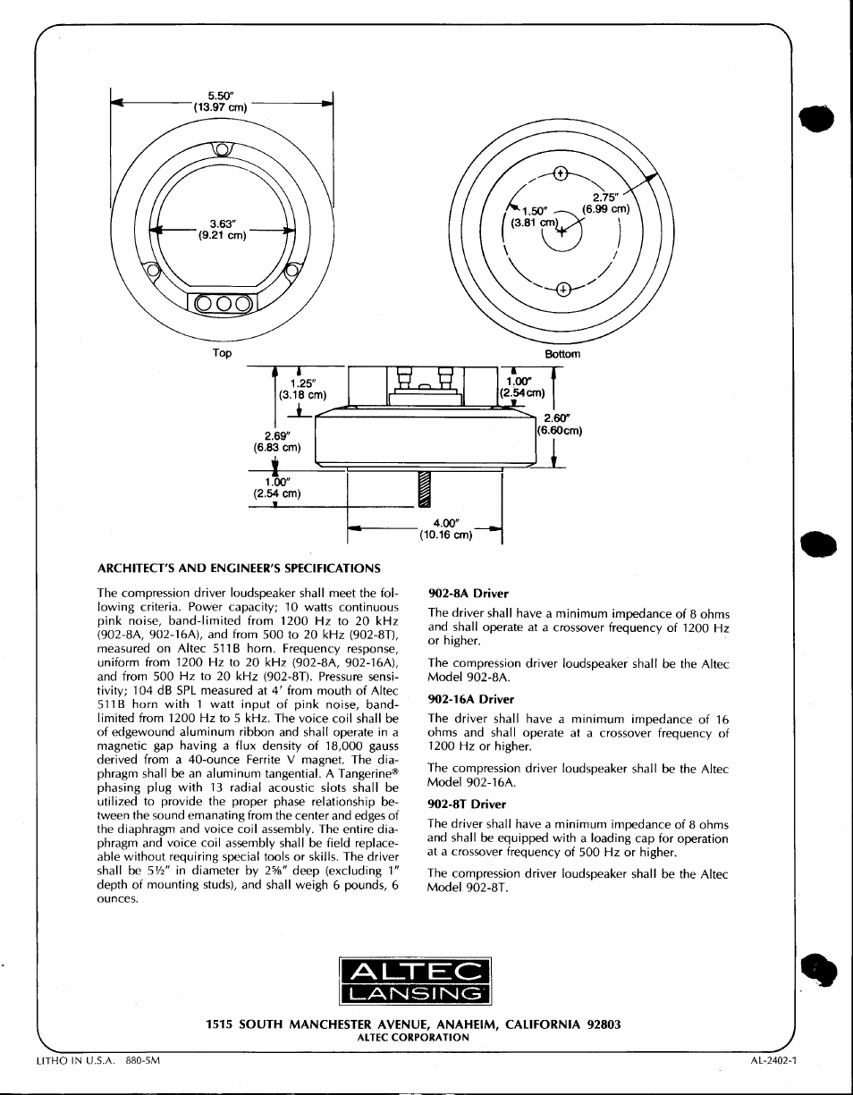 Architect's and engineer's specifications, 8a driver, 16a driver | 8t driver, Alttec, L-amsiing | Altec Lansing 902-8T User Manual | Page 2 / 2