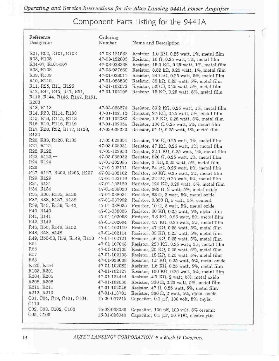 Component parts listing for the 9441a | Altec Lansing 9441A User Manual | Page 16 / 20