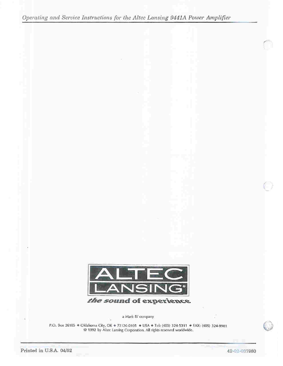 Altec Lansing 9441A User Manual | Page 20 / 20