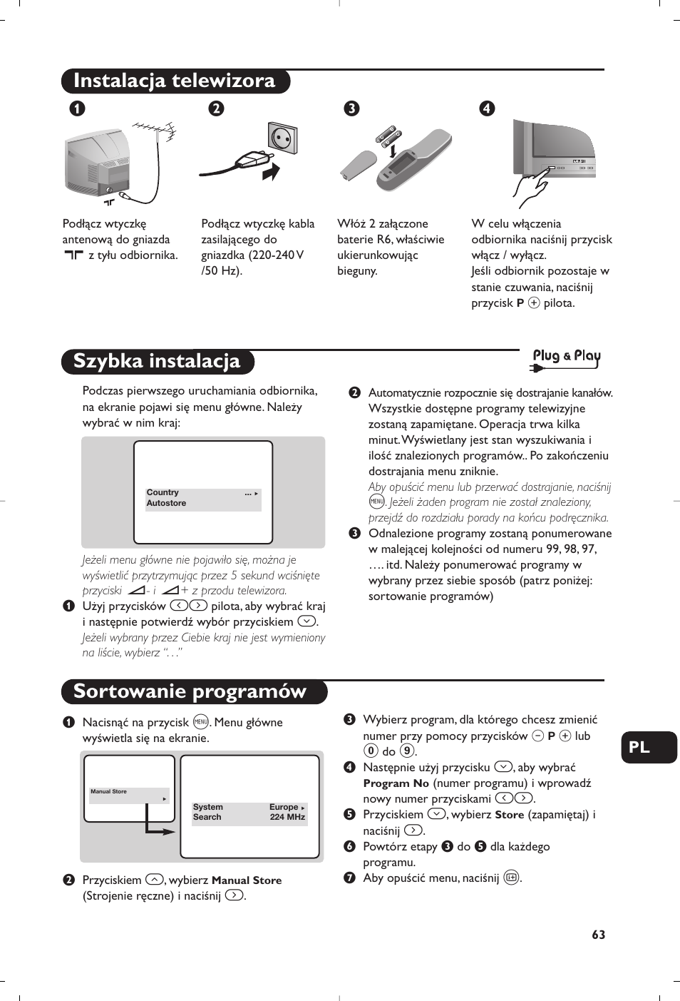 Instalacja telewizora, Szybka instalacja sortowanie programów, Pl ж в к | Philips Televisor User Manual | Page 65 / 78