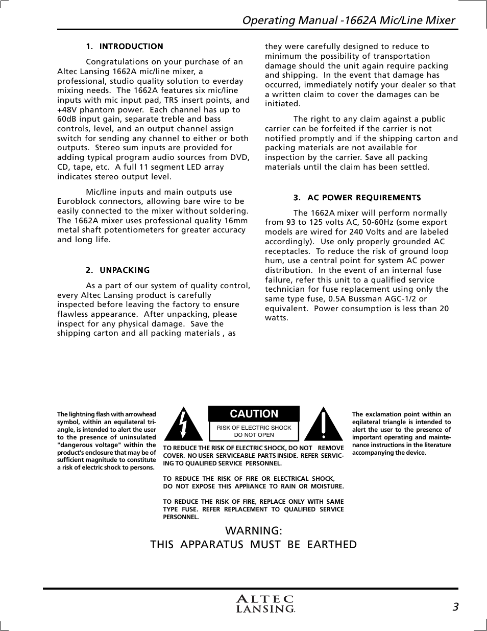 Warning: this apparatus must be earthed, Caution | Altec Lansing 1662A User Manual | Page 3 / 12