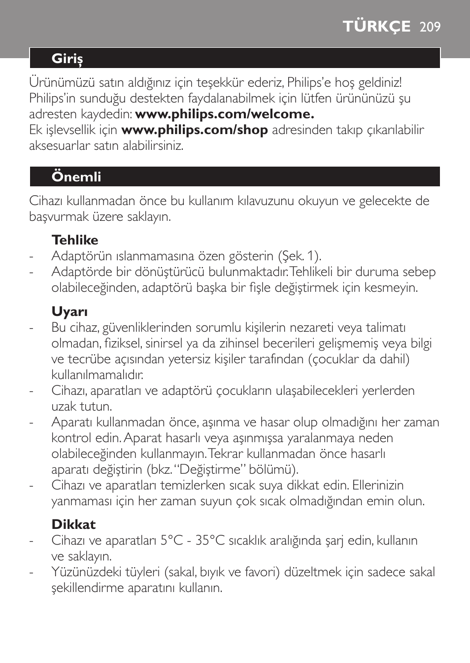 Türkçe, Türkçe 20 | Philips Click&Style afeitado y arreglo personal User Manual | Page 209 / 228